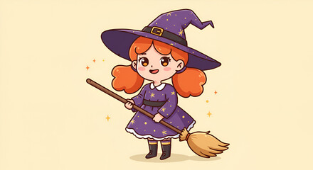 Adorable Cartoon Witch with Broomstick ready for Trick or Treat season