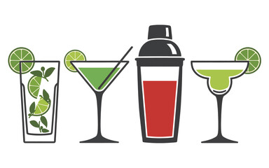 A set of four cocktail illustrations, including a mojito, martini, margarita, and a shaker, all garnished with lime.