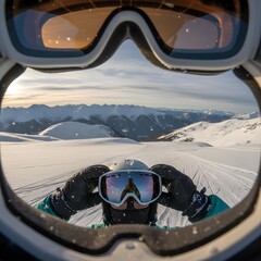 Person holding ski goggles in hand. Clean, close-up shot highlighting winter sports gear, reflective lenses, and sleek design, evoking skiing, snowboarding, and active outdoor lifestyle.