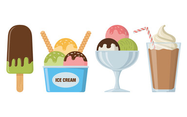 A collection of four different illustrated ice cream treats, including a popsicle, a cup, a sundae, and a milkshake.