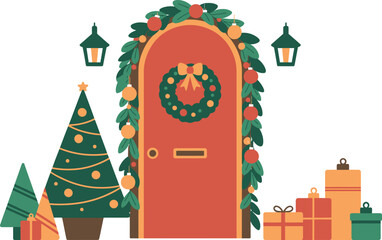 Festive door decorated with christmas wreath and gifts with christmas trees