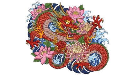 Crimson dragon amidst lotus blooms, a symbol of prosperity and power in artistic rendition