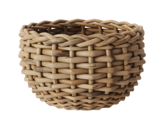Natural woven rattan basket featuring a rustic texture and round shape suitable for home decor isolated on transparent background