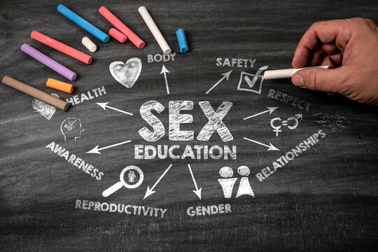 Sex Education Concept. Black scratched textured chalkboard background