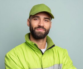A confident individual, adorned in a vibrant lime green jacket and cap, presents a friendly and professional demeanor.
