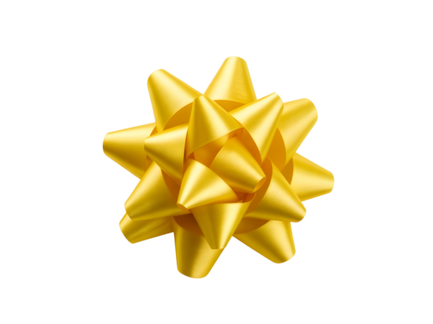 Shiny yellow star gift bow made of satin ribbon for Christmas or birthday presents isolated on transparent background.