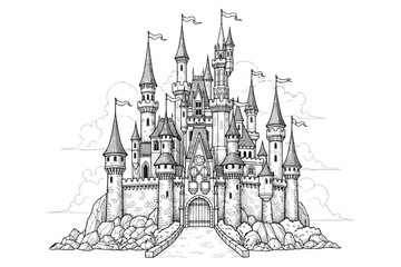 Vector art of detailed illustration of a fairytale castle, showcasing its majestic architecture and enchanting design, perfect for fantasy projects © Saharia