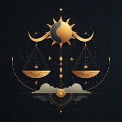 Libra glyph with golden sun and moon on night sky, balanced mystical design