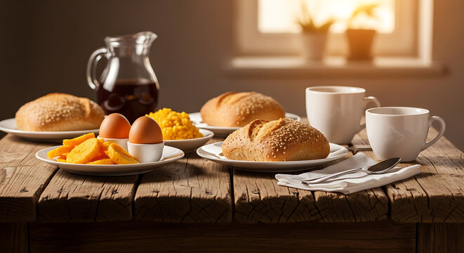 Breakfast table with bread, eggs, jam, and coffee in a cozy setting