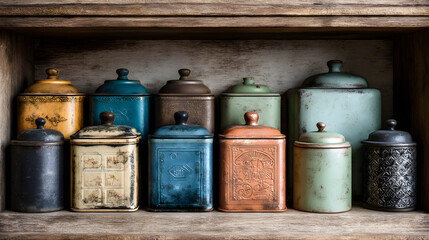 Obraz premium Vintage canisters in various colors and designs arranged on a wooden shelf for decorative purposes