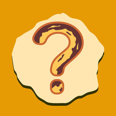 Brown orange question mark with shadow on beige textured shape over mustard background, ideal for inquiry themes, creative prompts, and editorial design concepts.