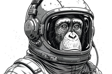 Vector art of detailed black and white illustration of a chimpanzee astronaut wearing a space suit and helmet, a whimsical depiction of space exploration © Saharia