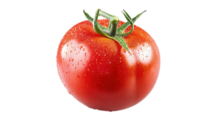 Fresh red tomato with water droplets isolated on a transparent background