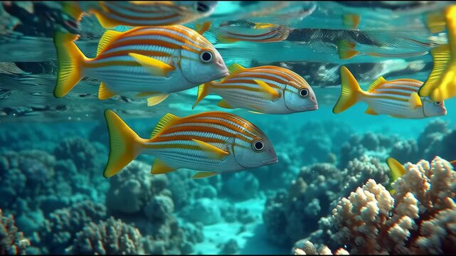 Underwater symphony: A vibrant school of striped snapper fish elegantly gliding over a coral reef. The scene showcases the natural beauty and underwater life, capturing the serene of marine life.