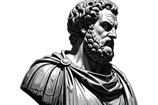 Vector art of detailed black and white illustration of a bust of marcus aurelius, the roman emperor and philosopher, a classic depiction of ancient history