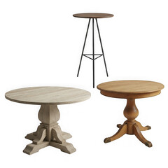 Three different round tables isolated on transparent background