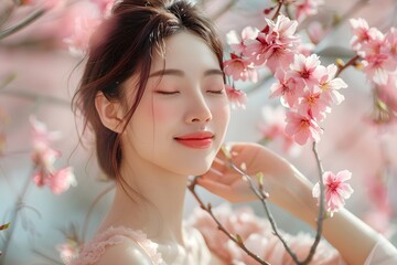 Fototapeta premium A young woman stands among blooming cherry blossom trees, with soft petals surrounding her. She closes her eyes, smiling gently while touching her hair, embracing the serene atmosphere