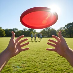 Person throwing a frisbee outdoors on a sunny day. Action shot captures dynamic motion, energy, and fun, with vibrant natural surroundings and an active, playful atmosphere.