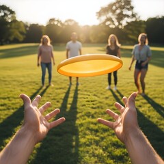 Person throwing a frisbee outdoors on a sunny day. Action shot captures dynamic motion, energy, and fun, with vibrant natural surroundings and an active, playful atmosphere.