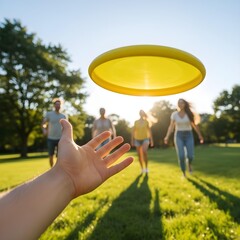 Person throwing a frisbee outdoors on a sunny day. Action shot captures dynamic motion, energy, and fun, with vibrant natural surroundings and an active, playful atmosphere.