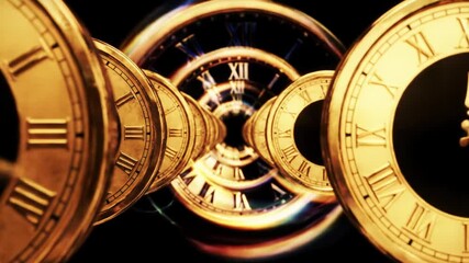 Countless intricately designed golden clock faces with Roman numerals spiral infinitely into a deep black void with iridescent light, hands spinning rapidly creating luminous streaks. Concept of - Powered by Adobe