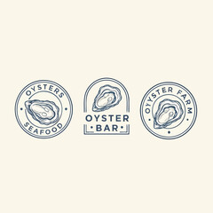 A collection of three minimalist line art logos featuring oysters for a seafood restaurant bar and farm.