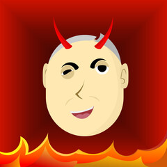 Playful cartoon face with devil horns, winking eye, and fiery background, perfect for Halloween themes, mischievous character design, and expressive visual content.