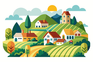 Retro-style vector illustration of a rural farm landscape featuring a barn, farmhouse, grazing cow, striped farmland, and rising sun. Designed in warm earthy tones, this rustic countryside artwork is 