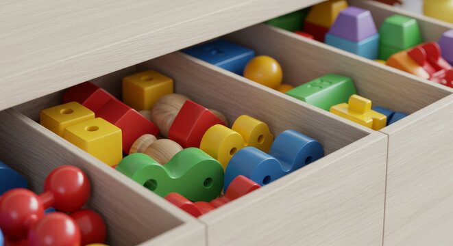 Colorful children’s building blocks stored in wooden drawer organizer  