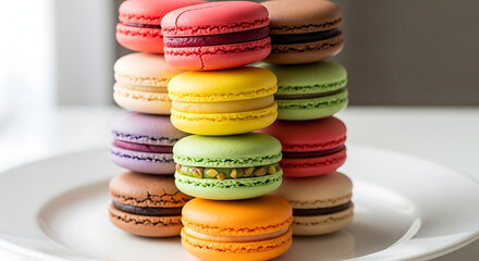 Stack of colorful macarons on a white plate isolated on white background