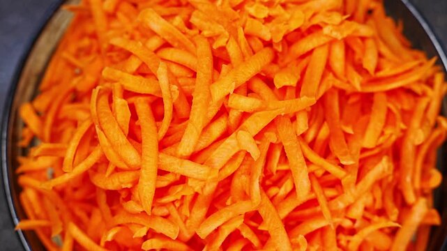 rotation. a large bowl of grated carrots. Cooking a vegetable salad from fresh vegetables. all-purpose grater.