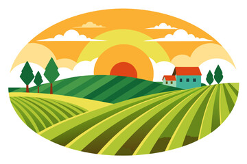 Obraz premium Retro-style vector illustration of a rural farm landscape featuring a barn, farmhouse, grazing cow, striped farmland, and rising sun. Designed in warm earthy tones, this rustic countryside artwork is 