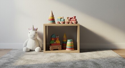 Colorful wooden toys and plush unicorn in bright children's room  