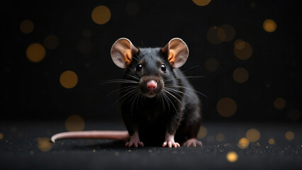 Cute black mouse with big pink ears. Dark blue background with glowing starry sky. Concept of symbol of year according to Chinese calendar. Rat.