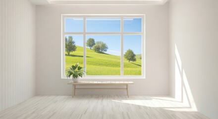 Obraz premium Brightly lit interior space with large window offering serene views of a lush green landscape under a clear, vibrant blue sky, along with a wooden bench and a potted plant.