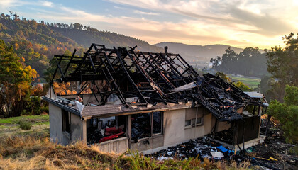 Collapsed roof of home after severe fire damage