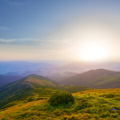green mountain valley in blue mist at the sunrise, green mountain at the early morning