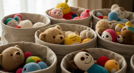 Obraz premium Colorful stuffed animals in fabric baskets arranged indoors 