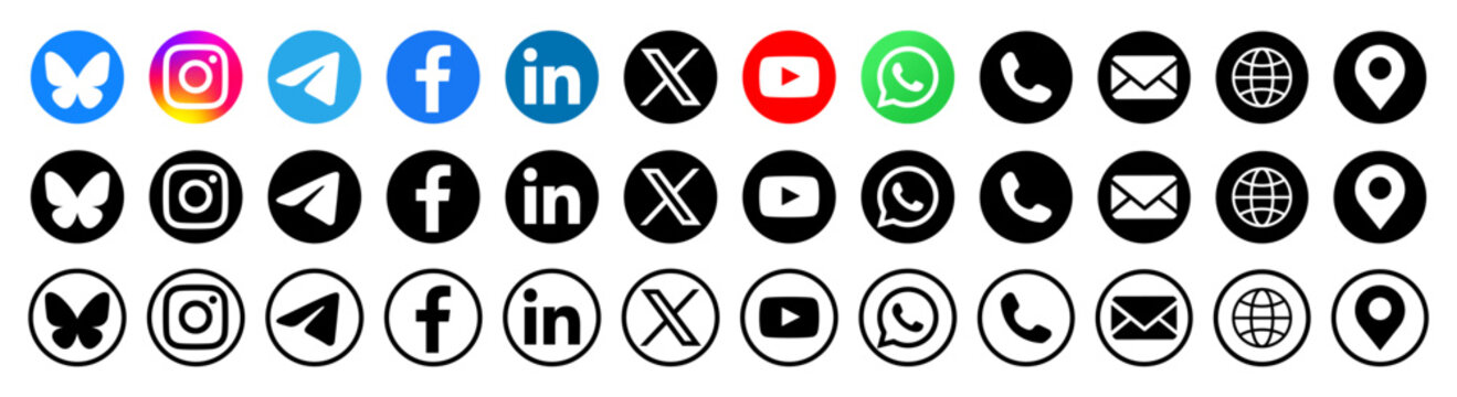 Social media icon.Contact us icon set.Contact and Communication Icons.Set of Communication icon.Facebook,Instagram, Twitter, Youtube,Whatsapp.Set of Icons for social networking
