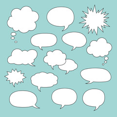 A collection of various comic book speech and thought bubbles on a blue background.