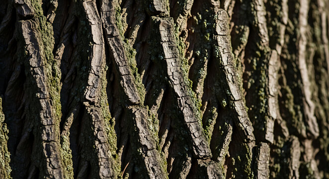 Close up of tree bark with moss growing on it in the sunlight
