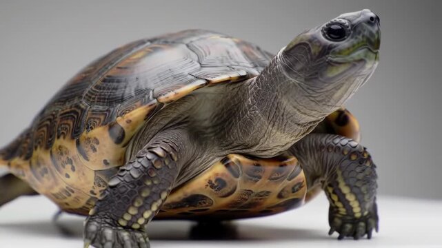 shot features an Asian turtle with a mottled shell and textured skin, presented on a seamless, white background, highlighting detailed features.