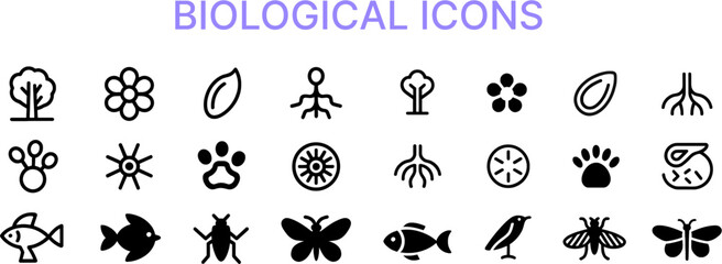 Fototapeta premium Biological icons set collection of linear vector illustrations of plant, animal, insect and microorganism for biology or ecology