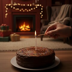 Person lighting a candle on a birthday cake. Warm, intimate scene with soft glow from the flame, highlighting festive celebration, joyful anticipation, and cozy atmosphere.