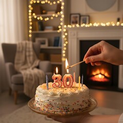 Person lighting a candle on a birthday cake. Warm, intimate scene with soft glow from the flame, highlighting festive celebration, joyful anticipation, and cozy atmosphere.