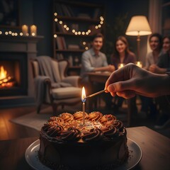Person lighting a candle on a birthday cake. Warm, intimate scene with soft glow from the flame, highlighting festive celebration, joyful anticipation, and cozy atmosphere.