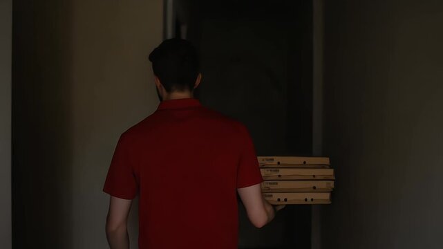 Man delivering multiple pizza boxes at a doorway with red shirt on