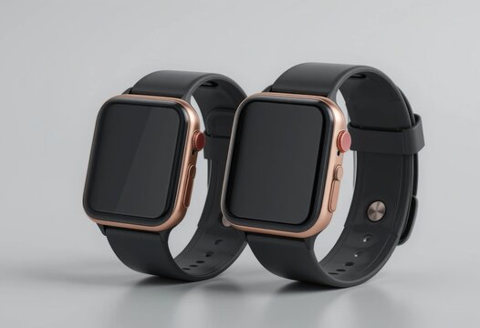 Conjunto de relojes inteligentes modernos, colores negro y oro rosa, pantalla en blanco, maqueta 3D realista, aislada sobre fondo neutro m&iacute;nimo