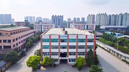 Hardware factory building with a large industrial-style exterior, metal doors and windows, loading docks for trucks, and signage for hardware production, surrounded by storage yards with stacked metal