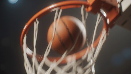 Basketball game moment, close-up of ball flying mid-air towards hoop, dynamic sports photography, motion blur, cinematic lighting
